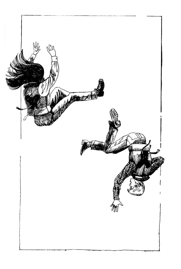 An erased image from Your Very Own, showing a girl and a boy flying through the air.