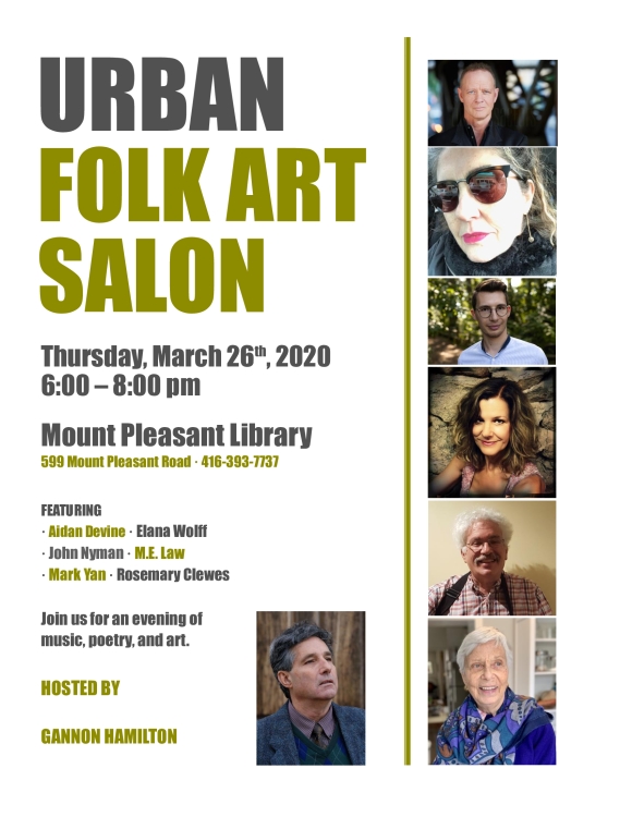 poster for Urban Folk Art Salon, Thursday, March 26th, 6:00-8:00pm, Mount Pleasant Library (599 Mount Pleasant Road)